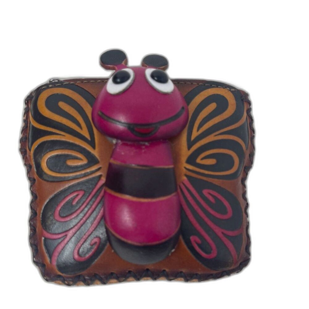 Vtg Hand Tooled Leather Butterfly Coin Wallet Purse Bag Insects Anthropomorphic